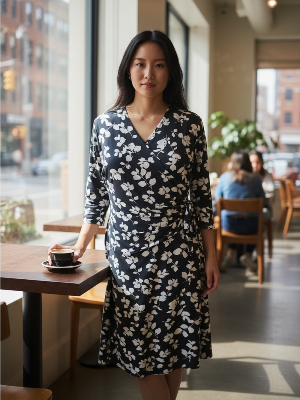 Ralph Lauren Black and White Floral Wrap Style Knee Length Dress Size 14W